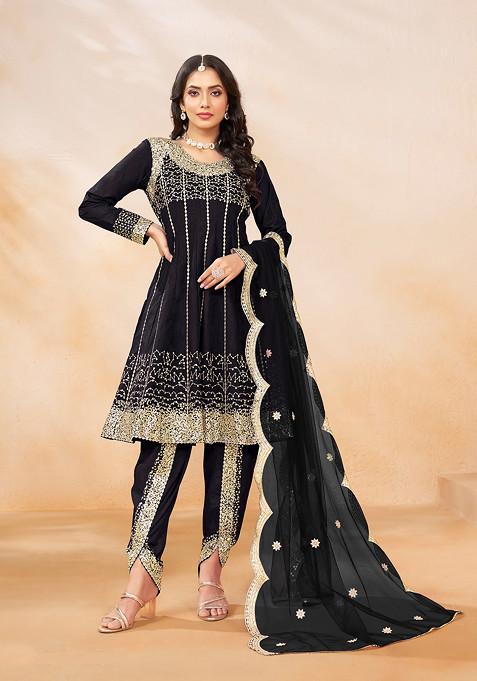 Black Embroidered Art Silk Kurta Set