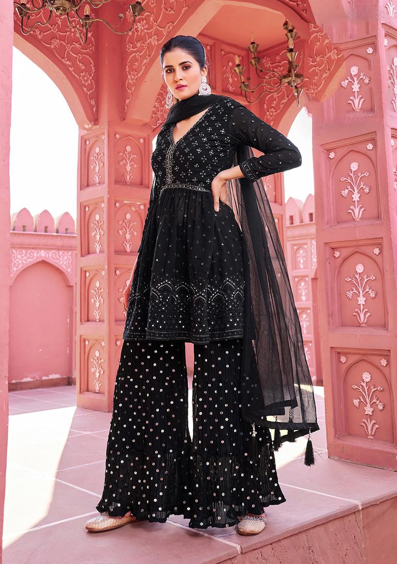 Black Thread Embroidered Georgette Kurta Set