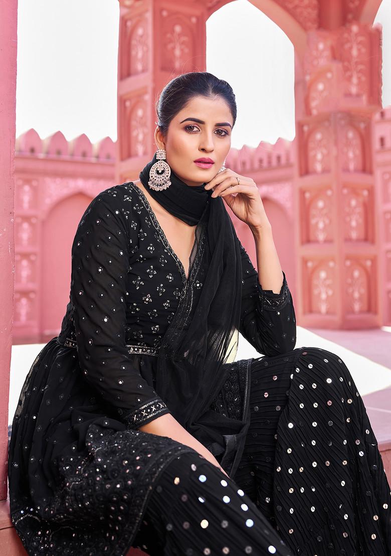 Black Thread Embroidered Georgette Kurta Set