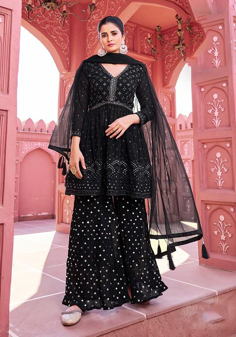 Black Thread Embroidered Georgette Kurta Set