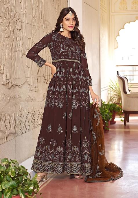 Brown Thread Embroidered Faux Georgette Kurta Set