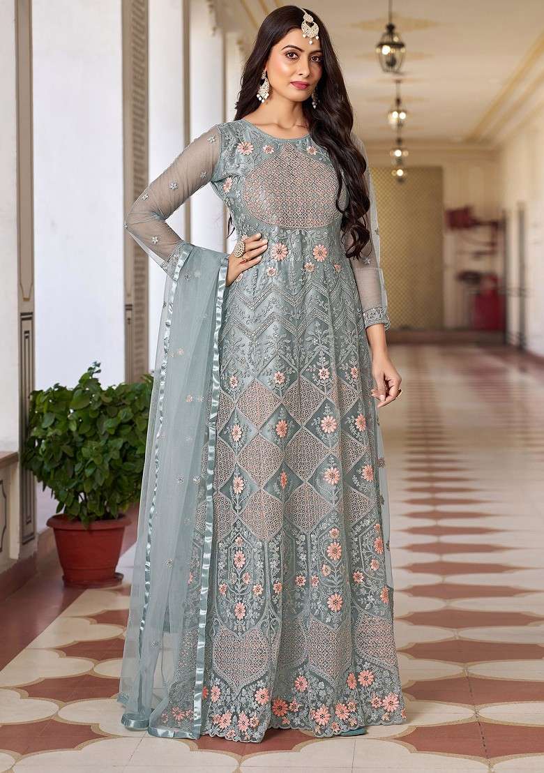 Green Embroidered Butterfly Net Kurta Set - Indya