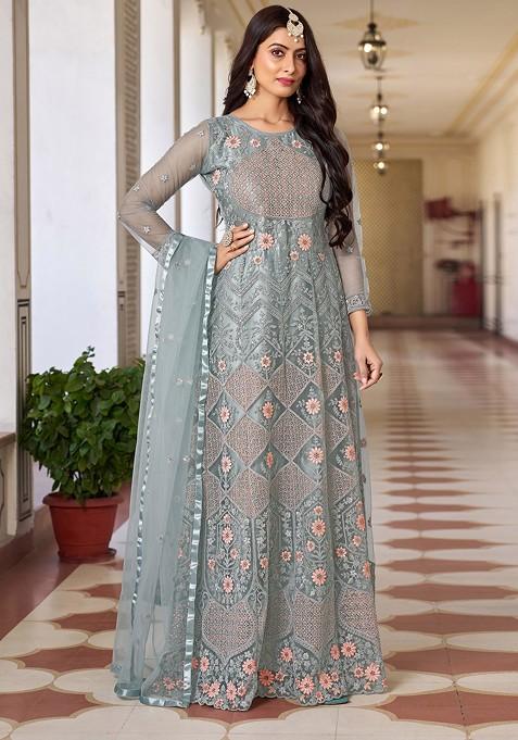 Green Embroidered Butterfly Net Kurta Set