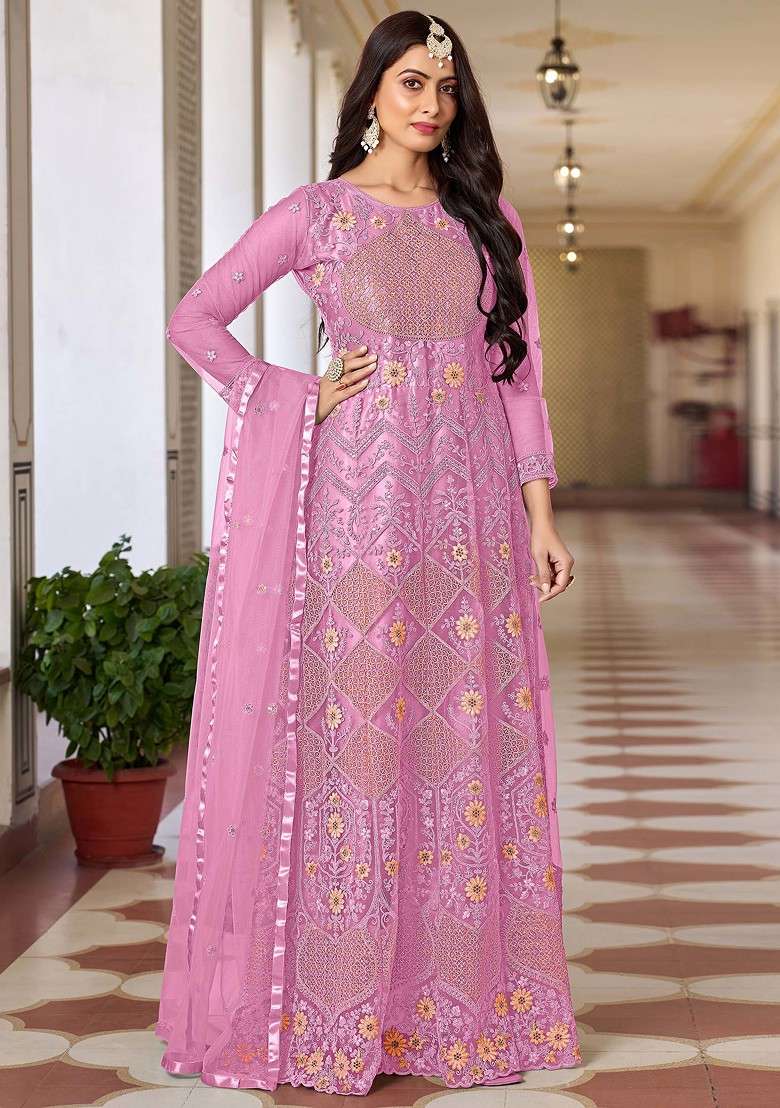 Pink Embroidered Butterfly Net Kurta Set - Indya