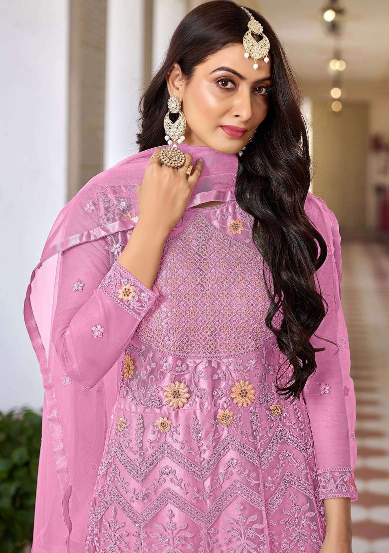 Pink Embroidered Butterfly Net Kurta Set - Indya