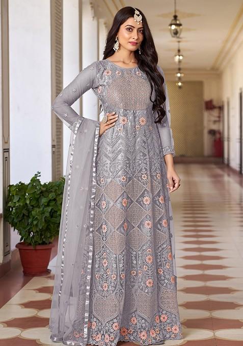 Grey Embroidered Butterfly Net Kurta Set