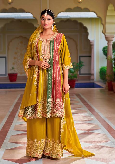 Mustard Embroidered Chinon Kurta Set