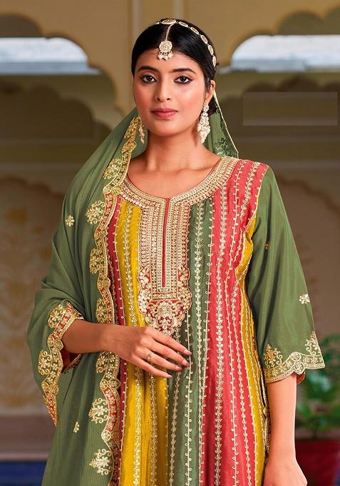 Green Chinon Pocket Embroidery Straight Kurta Salwar With Multicolor Bandhani Dupatta