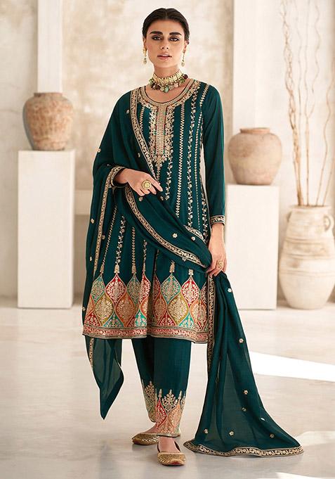 Green Embroidered Silk Kurta Set