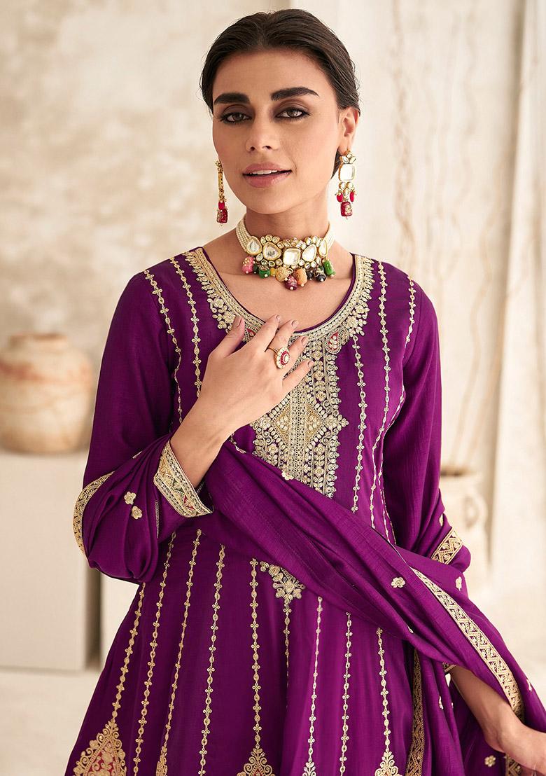 Wine Embroidered Silk Kurta Set