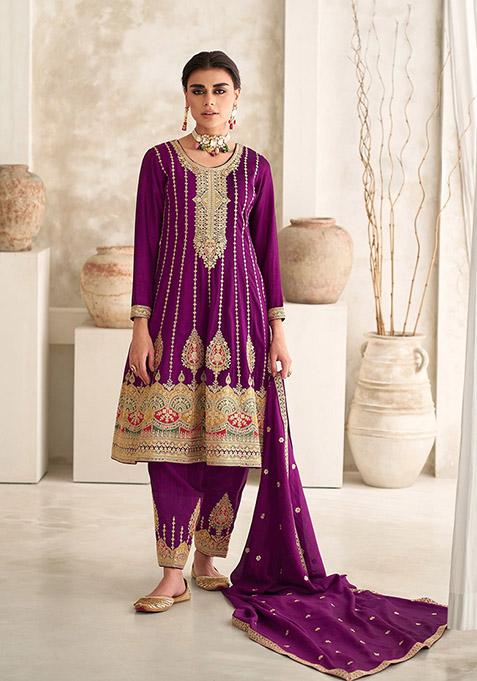 Wine Embroidered Silk Kurta Set