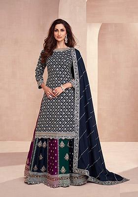 Multicolour Embroidered Chinon Kurta Set