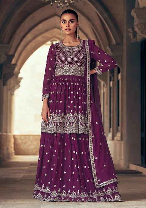 Wine Embroidered Georgette Kurta Set