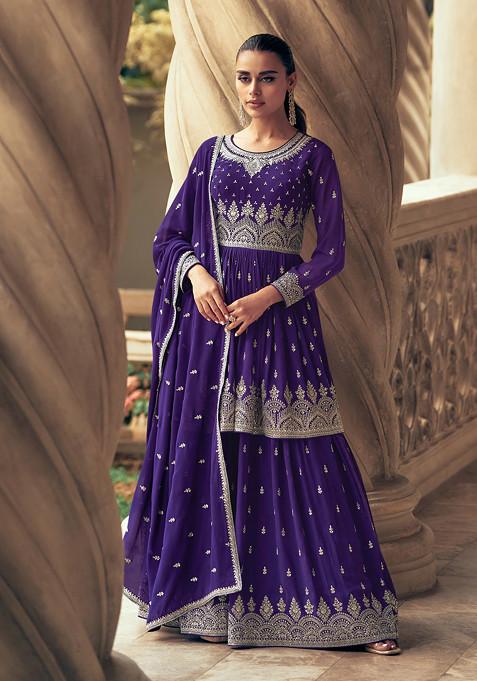 Purple Embroidered Georgette Kurta Set