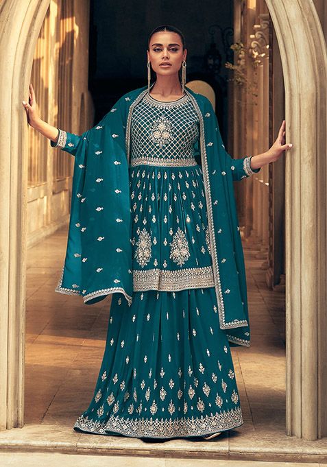 Blue Embroidered Georgette Kurta Set