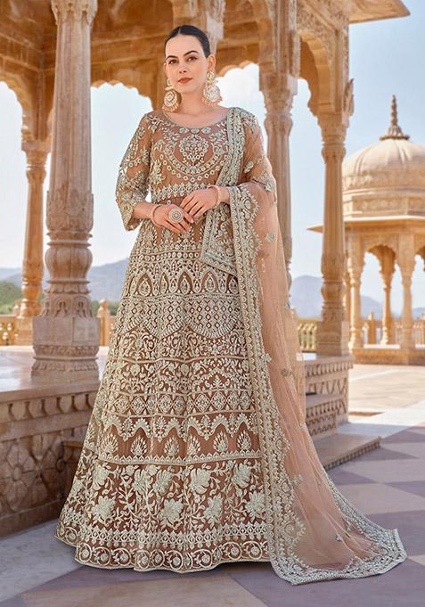 Brown Embroidered Butterfly Net Kurta Set