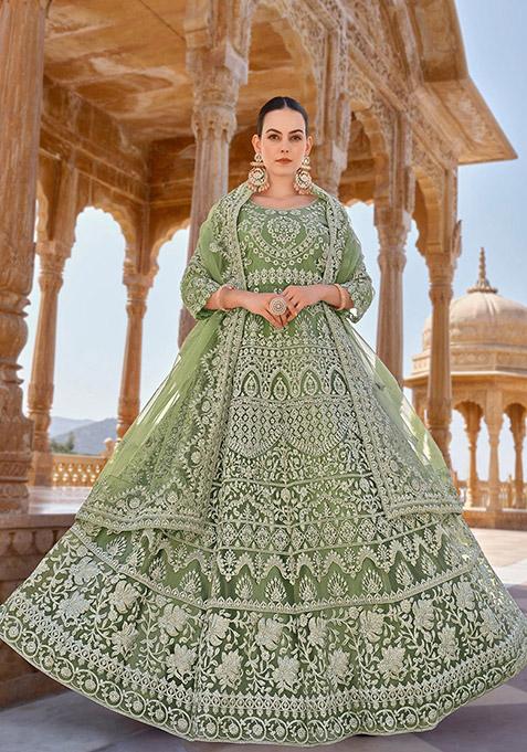 Pista Green Embroidered Butterfly Net Kurta Set