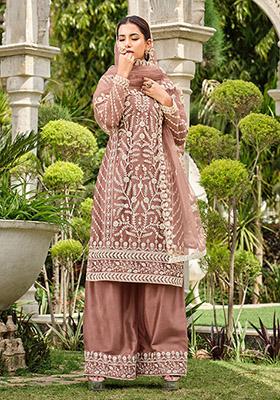Brown Embroidered Butterfly Net Kurta Set