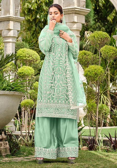 Green Embroidered Butterfly Net Kurta Set