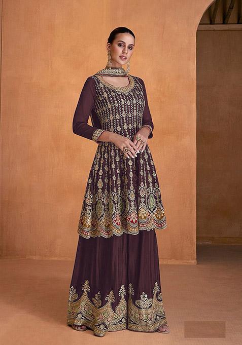 Wine Embroidered Georgette Kurta Set