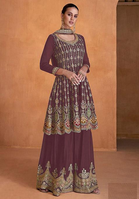 Purple Embroidered Georgette Kurta Set