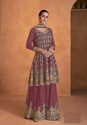 Mauve Embroidered Georgette Kurta Set