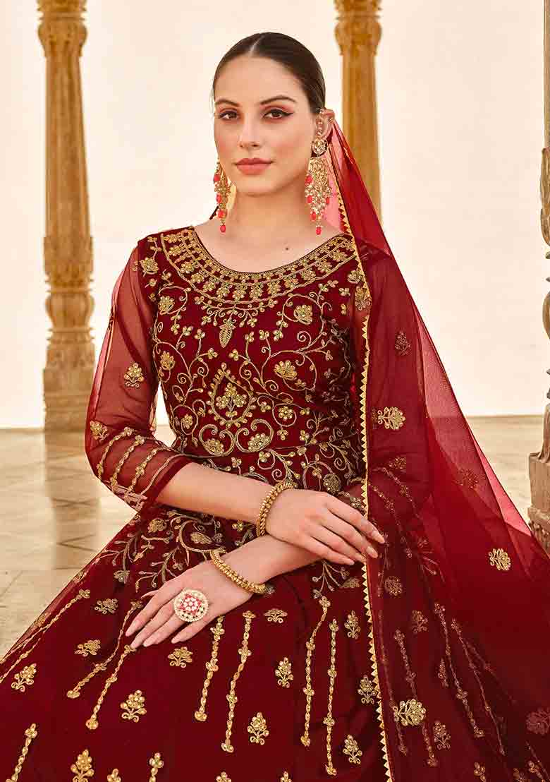 Maroon Embroidered Butterfly Net Kurta Set