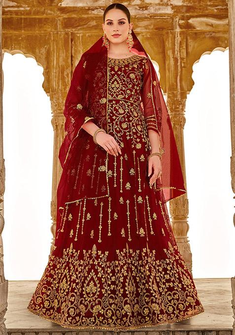 Maroon Embroidered Butterfly Net Kurta Set