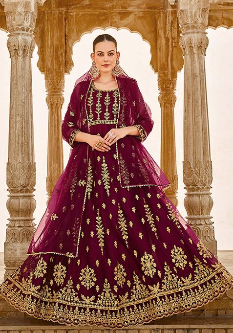 Burgundy Embroidered Butterfly Net Kurta Set