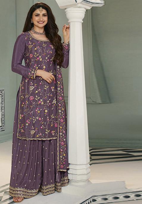 Purple Embroidered Chinon Kurta Set