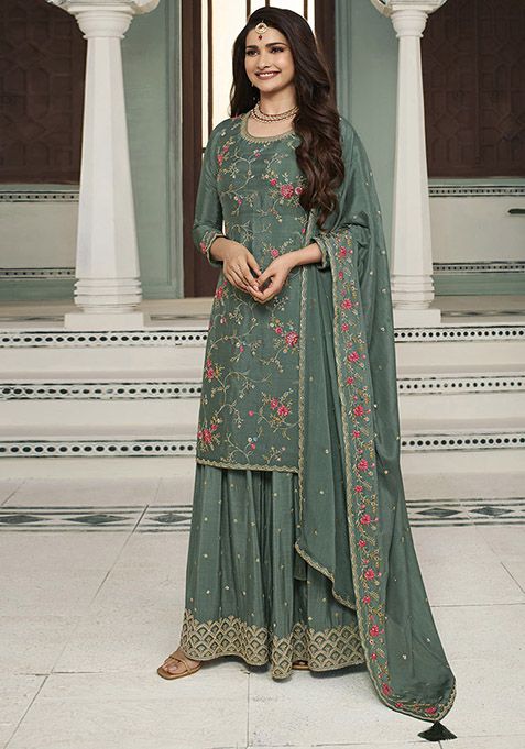 Green Embroidered Chinon Kurta Set