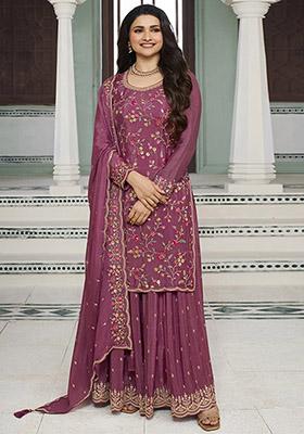 Pink Embroidered Chinon Kurta Set