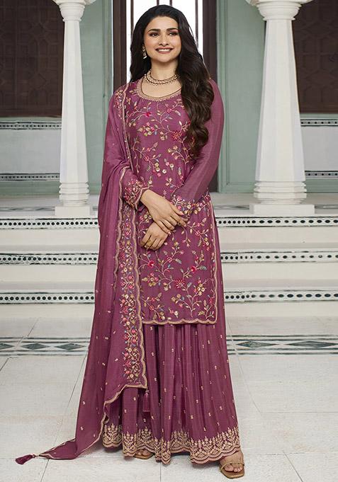 Pink Embroidered Chinon Kurta Set