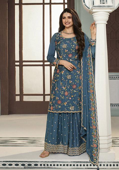 Sky Blue Embroidered Chinon Kurta Set