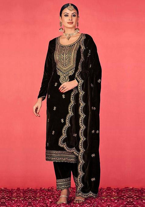 Black Embroidered Velvet Kurta Set