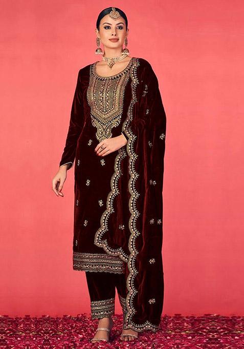 Maroon Embroidered Velvet Kurta Set