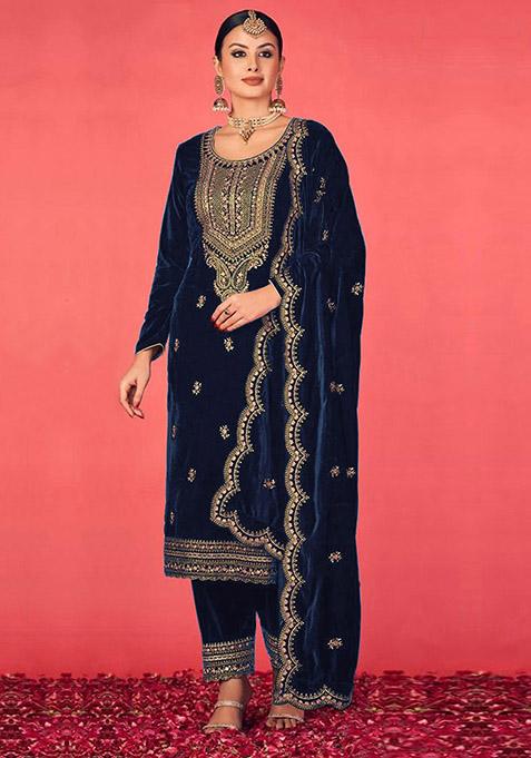 Blue Embroidered Velvet Kurta Set