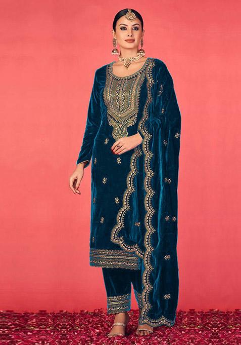 Aqua Blue Embroidered Velvet Kurta Set