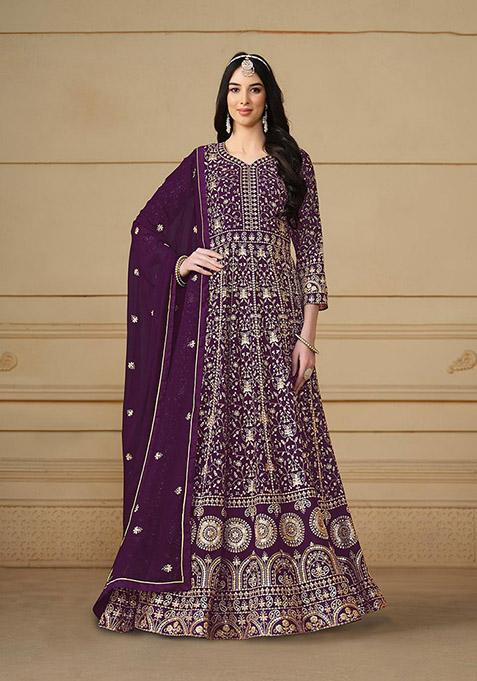 Purple Embroidered Faux Georgette Kurta Set