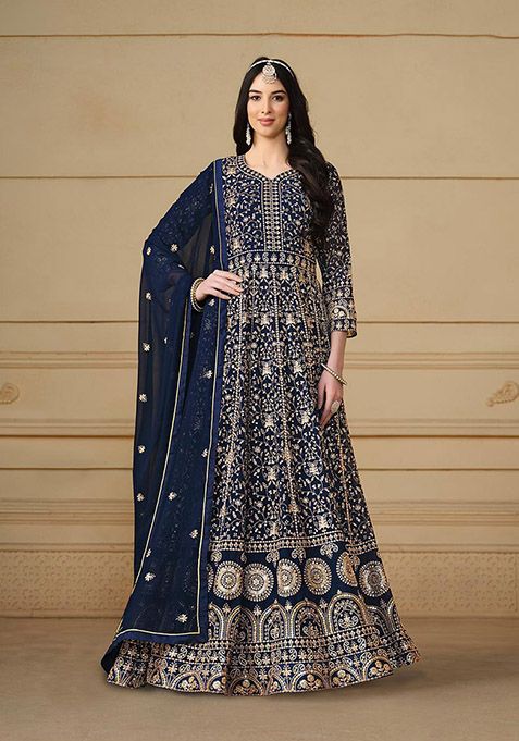 Blue Embroidered Faux Georgette Kurta Set