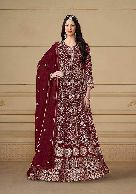 Maroon Embroidered Faux Georgette Kurta Set