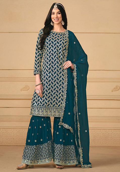 Teal Blue Embroidered Faux Georgette Kurta Set