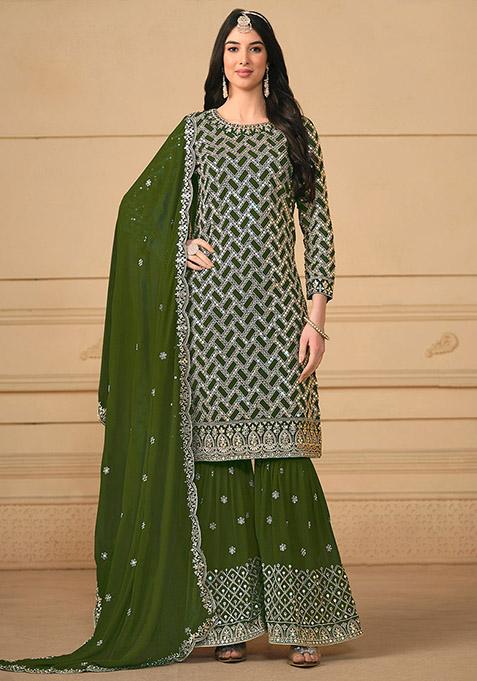 Mehendi Green Embroidered Faux Georgette Kurta Set