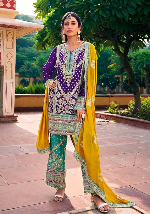 Violet Embroidered Chinon Kurta Set