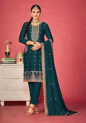 Rama Blue Embroidered Vichitra Silk Kurta Set