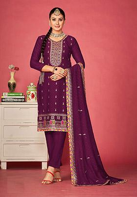 Purple Embroidered Vichitra Silk Kurta Set