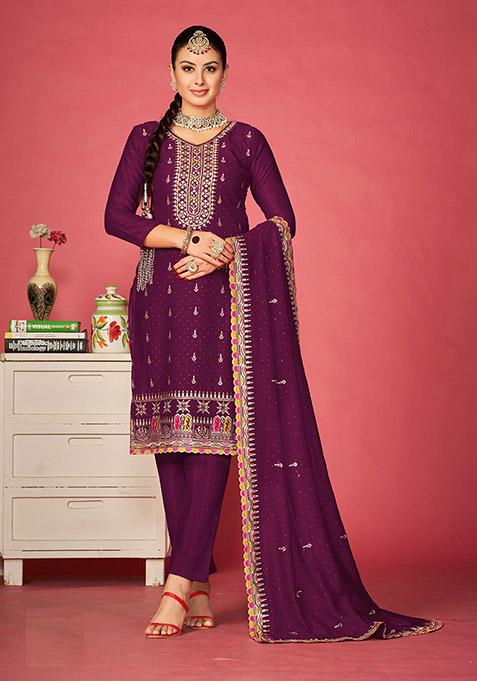 Purple Embroidered Vichitra Silk Kurta Set