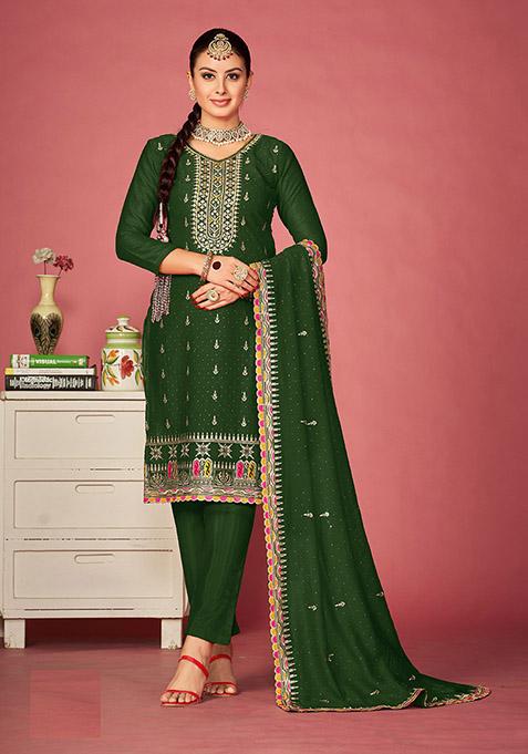 Green Embroidered Vichitra Silk Kurta Set