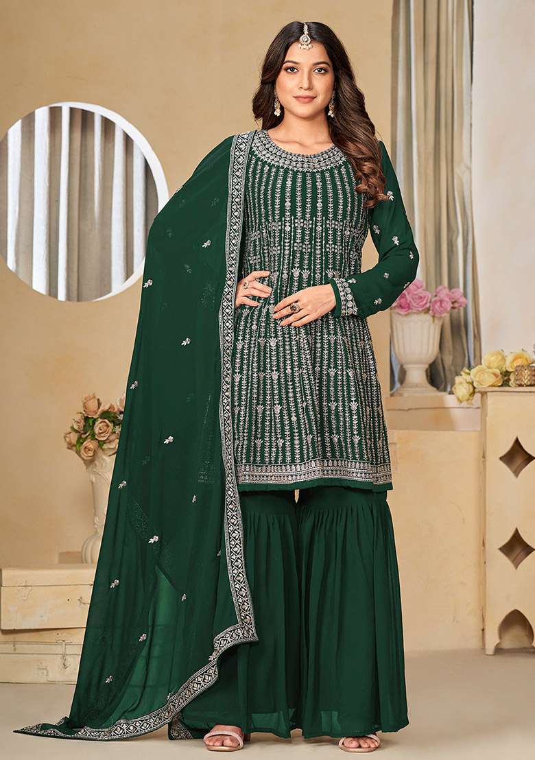 Green Embroidered Faux Georgette Kurta Set - Indya