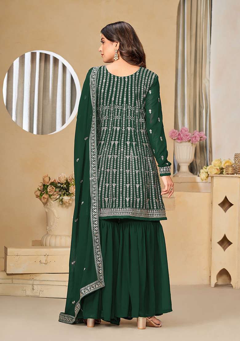 Green Embroidered Faux Georgette Kurta Set - Indya